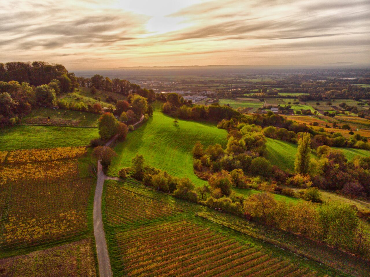 Übersicht über eine ländliche Landschaft in Deutschland im Abendlicht