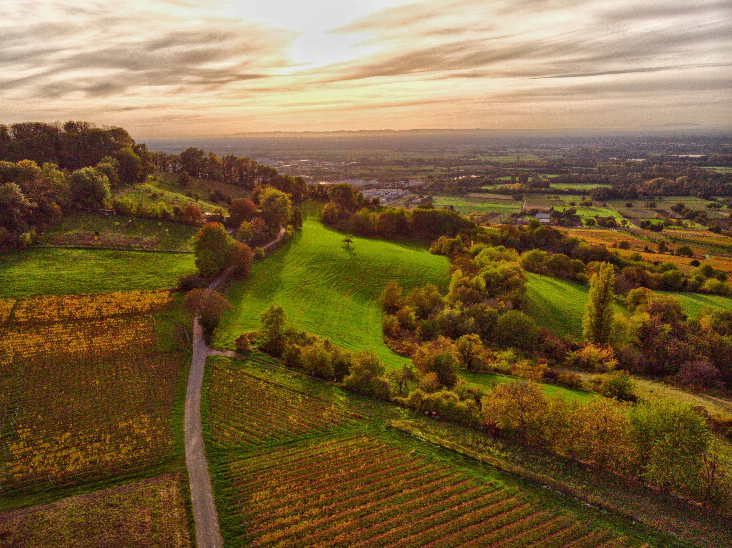 Übersicht über eine ländliche Landschaft in Deutschland im Abendlicht
